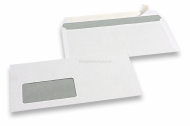 Enveloppes blanches standards, 110 x 220 mm, papier 80 gr, fenêtre à gauche 45 x 90 mm, position de la fenêtre à 20 mm du gauche et à 15 mm du bas, fermeture avec bande adhésive  | Paysdesenveloppes.ch